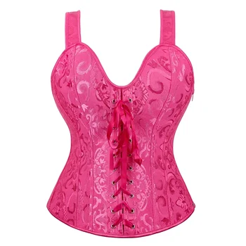 Sexy Bustier Women Corset Top Lace Up Satin Lingerie With Straps Zipper Vintage Floral Jacquard Overbust Corselet Plus Size