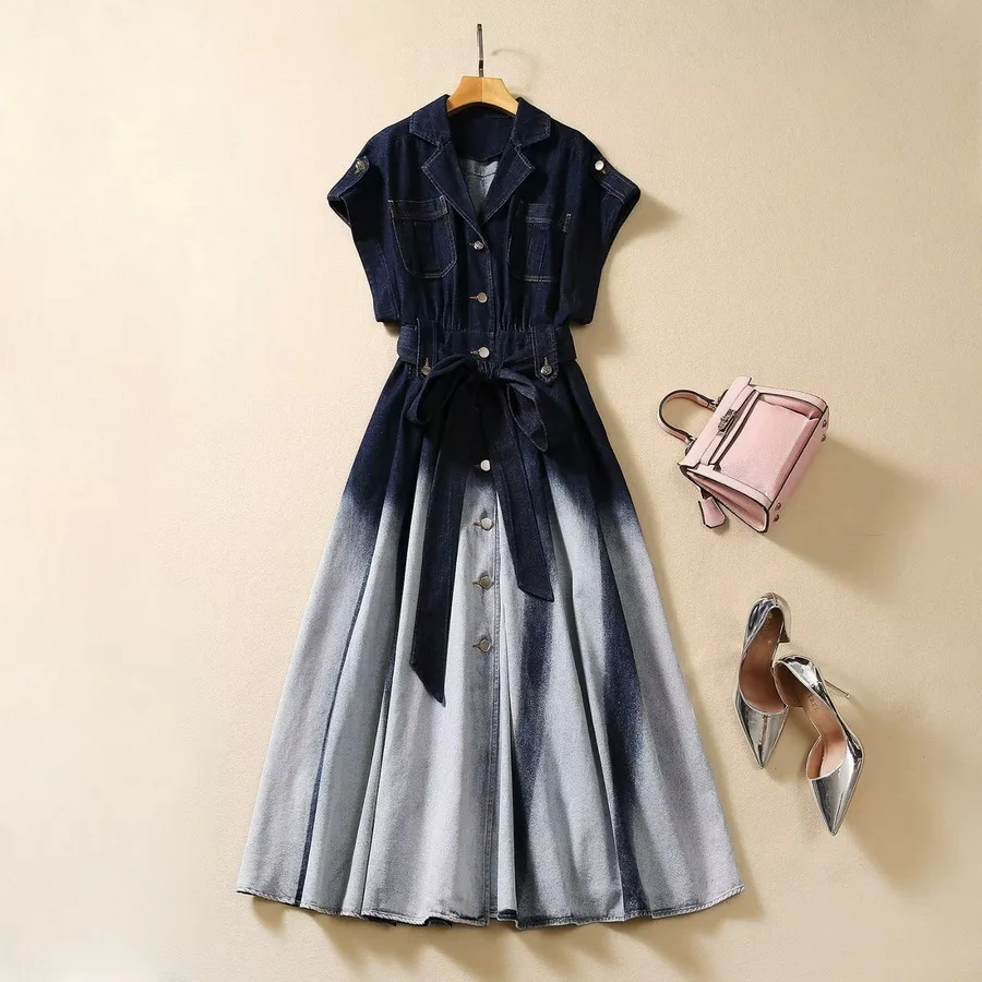 

European and American women's clothing 2023 autumn new Short-sleeved suit collar gradient fashion Belt denim dress XXL