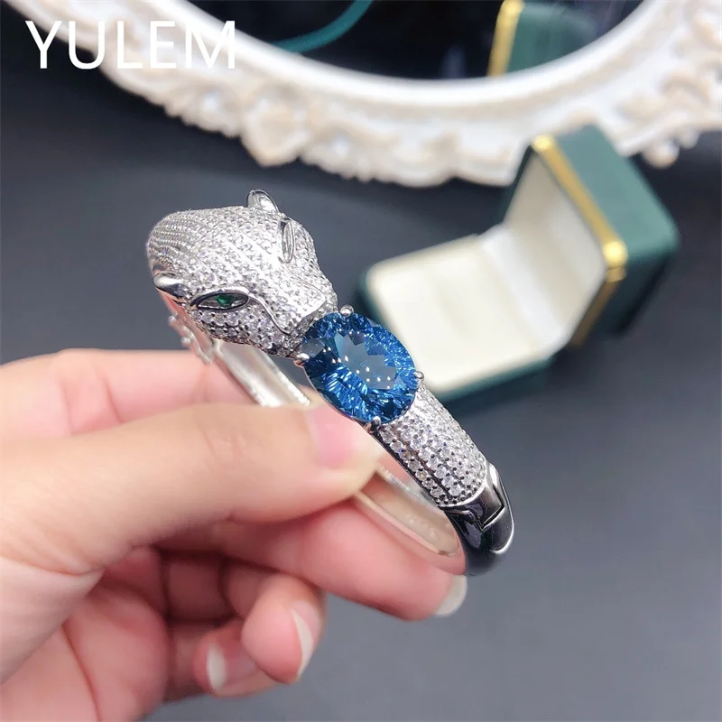 

YULEM Luxury 925 Silver London Blue Topaz 10x12mm Leopard Bangles for Men Elegant Fashion Bangle Bracelet Luxury Fine Jewellery