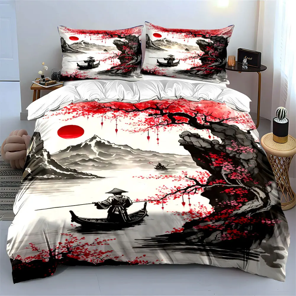 Elegant Red Plum, Ink Landscape Print Bedding Set 1 Duvet Cover 2 Pillowcases for Adult and Children Luxury Gift Full Size 3