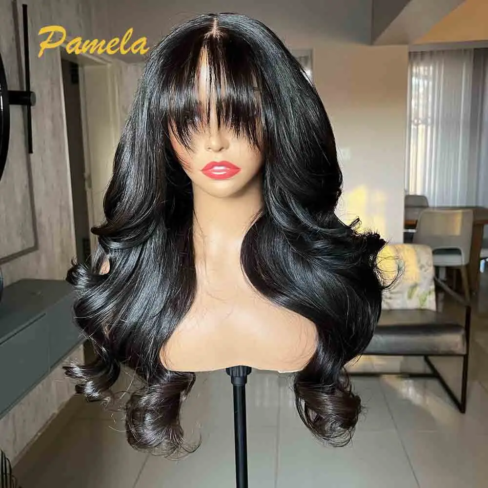13x4 Transparent Lace Front Human Hair Glueless Wig Ready To Wear 250% Density Natural Color Body Wave With Bangs Lace Front Wig