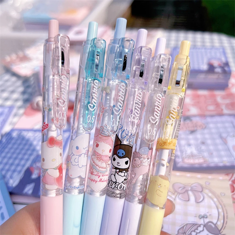 

6pcs Kawaii Sanrio Gel Pen 0.5mm Pressing Pen Anime Hellokittys Melody Cartoon Cute Girl Student Stationery Black Pen Gifts
