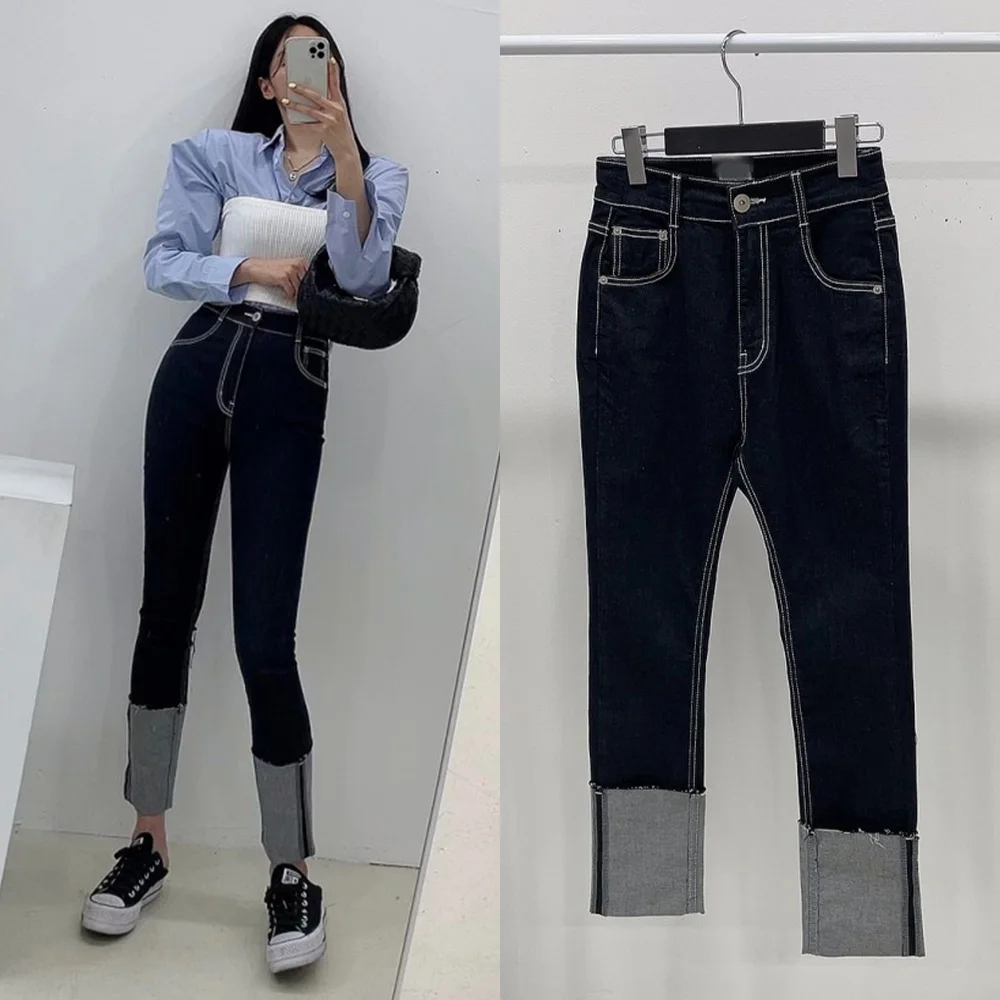 

High waisted dark blue jeans for women spring design, color contrast, spliced bright line, slim, curly-edged skinny jeans
