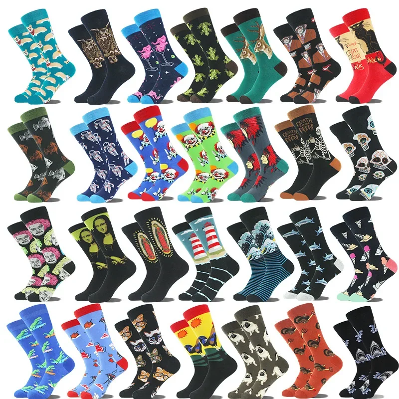 

1 Pair Colorful Men's Socks Vintage Oil Painting Shark Sock Men's Cartoon Animal Middle Barrel Cycling Socks