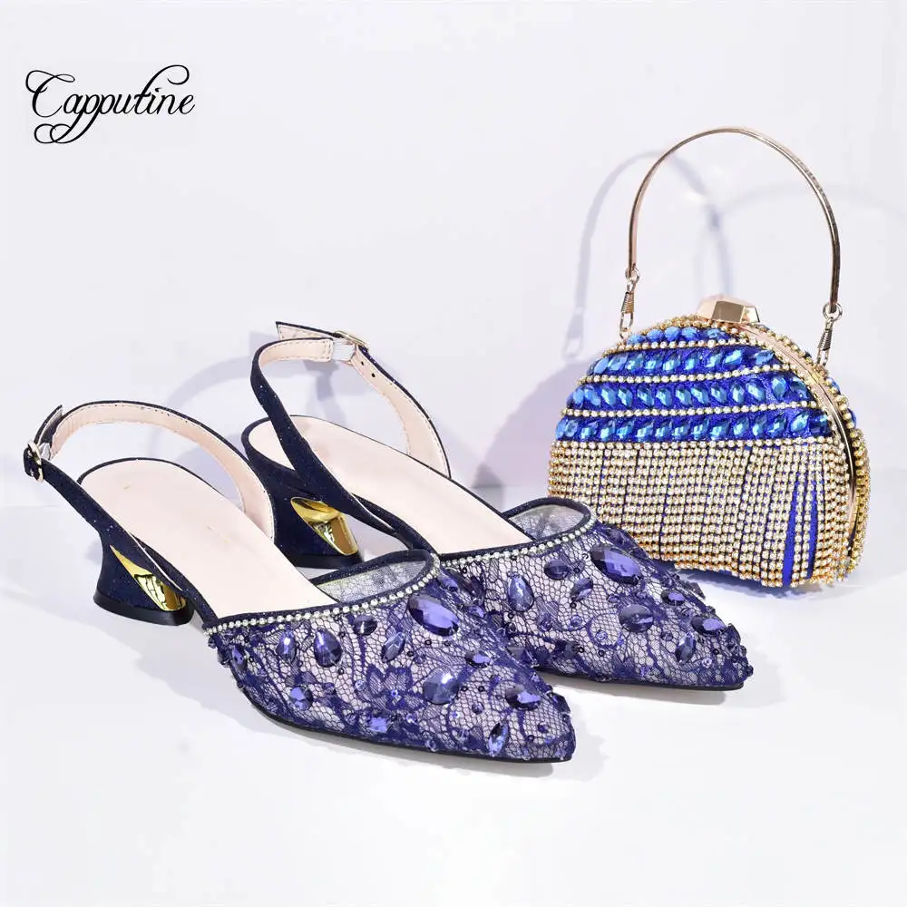 

Blue Women Shoes And Bag Set Fashion African Ladies Stones Pumps Match With Purse Handbag Nigerian Party Sandals Clutch A108-5