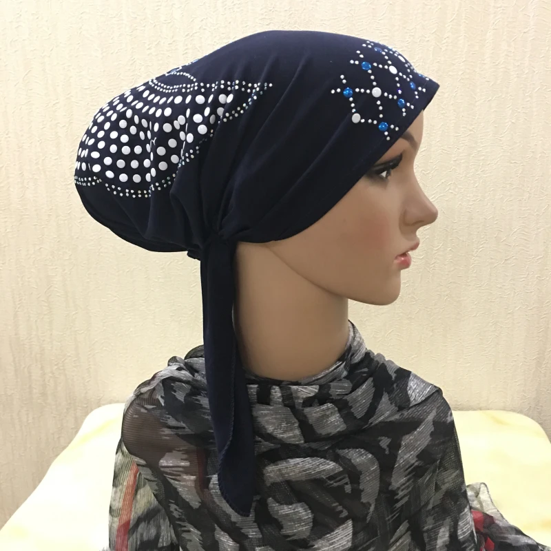 H089 high quality muslim hats with colored sequins pull on islamic scarf turban hijab with elastic band