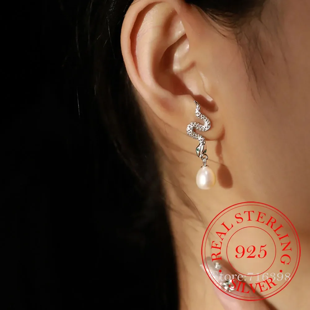 

925 Sterling Silver Green-eye Snake pearl stud Earrings for Women Piercing Jewelry Women's Earrings Wedding Party Pendient