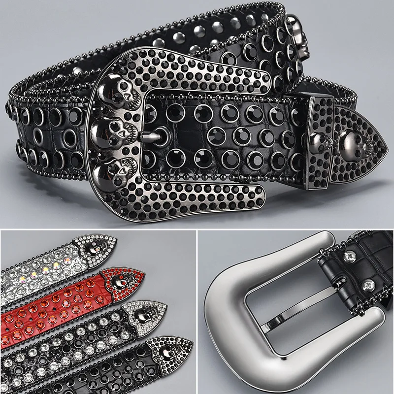 Europe and America Dark Skeleton Head Rhinestone Inlaid Belt High Grade Needle Buckle Sequin Decoration Nightclub Belt fashion metal bow elegant wide elastic stretch waistband rhinestone bow knot buckle ladies corset belt waist dress decoration