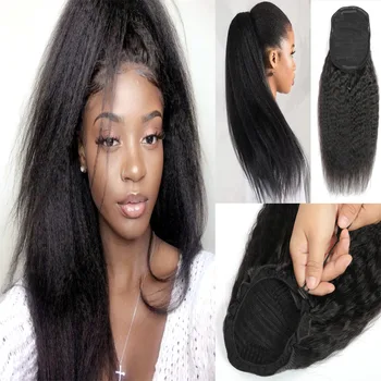 Kinky Straight Drawstring Ponytails 100% Human Hair Ponytail For Afro Women Clip-In 26 inches Long Hair Extensions Can be Dyed