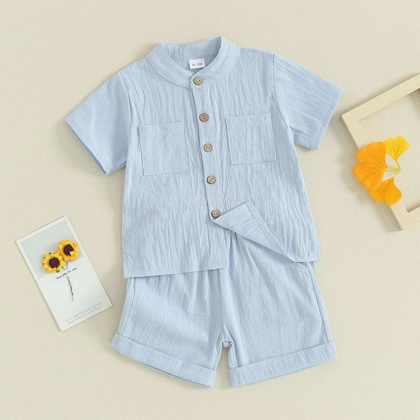 Soft Cotton Linen Casual Kids Baby Summer Outfits For Boys Solid Color Buttons Short Sleeve Tops Shorts 2Pcs Toddler Clothes Set