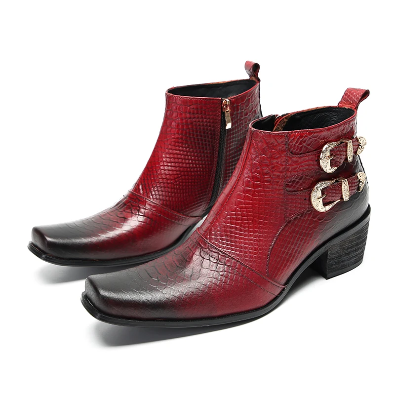 Botas 영국 스타일  가죽 남성 파티 드레스 신발, 플러스 사이즈 버클 오토바이 앵클 부츠, 포멀한 짧은 남성 부츠, 레드