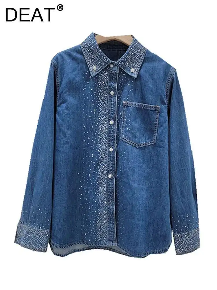 タグ付新品未使用　deres silk denim shirt DEAT Women's Denim Shirt Loose Blue Grey Hot Fix Rhinestone