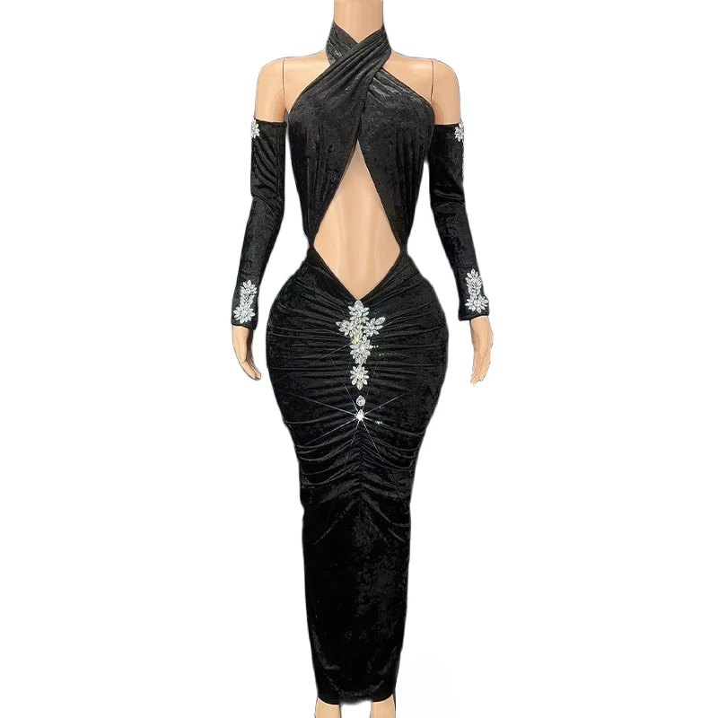 

New Sexy Women Black Velvet Hollow Backless Long Dress Nightclub Outfit Show Costume