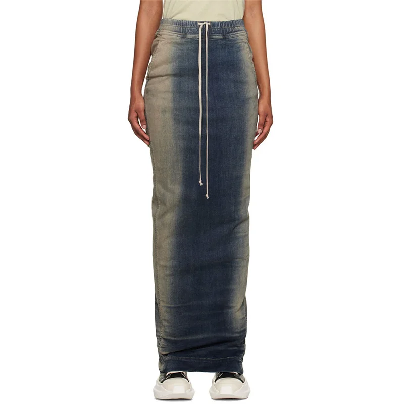 

Женская длинная юбка с разрезом сзади, винтажная промытая хлопковая джинсовая юбка с градиентом на шнуровке, юбка-полубоди, лето 2023