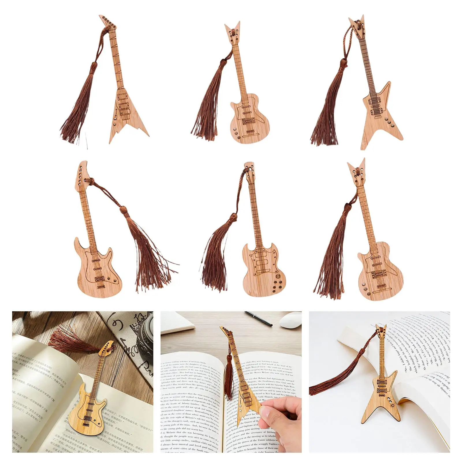 6 Pieces Guitar Bass Bookmarks with Tassels Clip Wood Bookmark for Readers