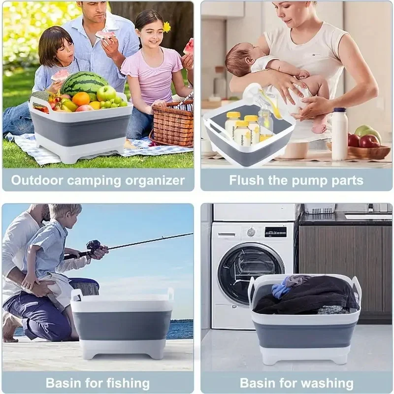 2in1 Foldable Fruit Vegetable Washing Basin Sink Drain Basket with Carry Handle Outdoor Portable Basins Dish Tub Storage Basket