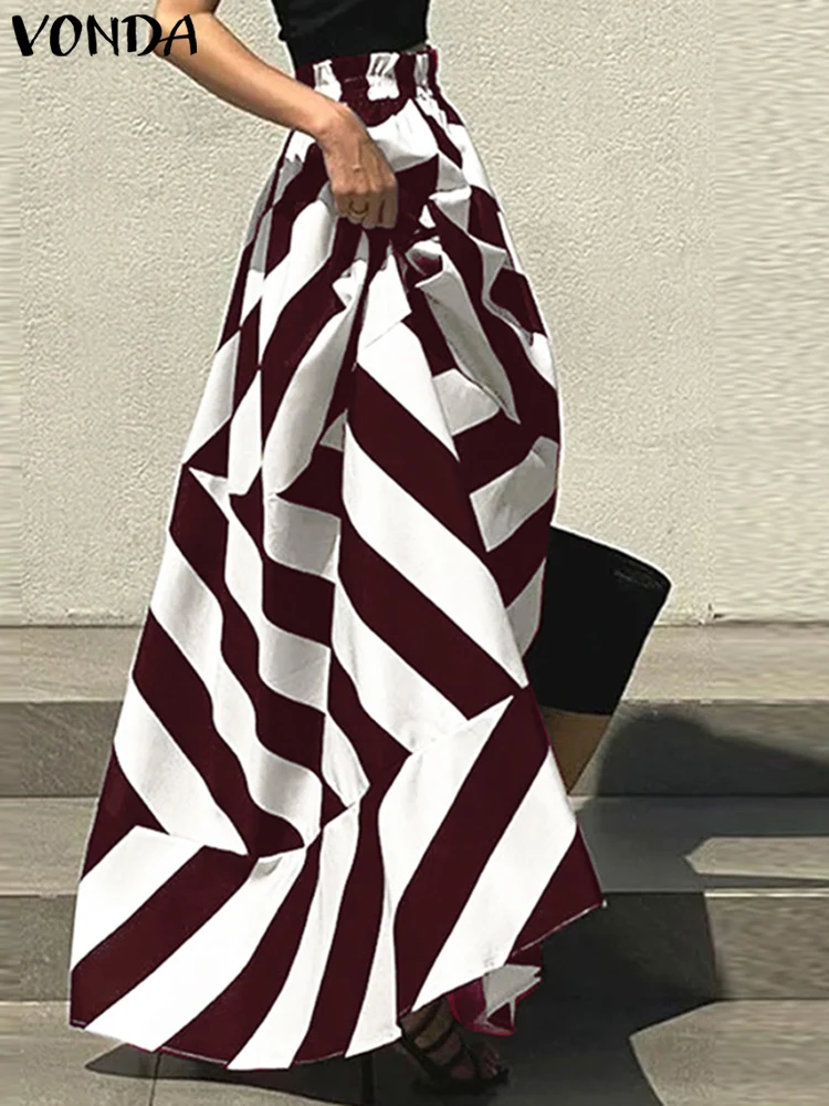 VONDA Bohemian Striped Maxi Skirts 2025 Summer High Waist