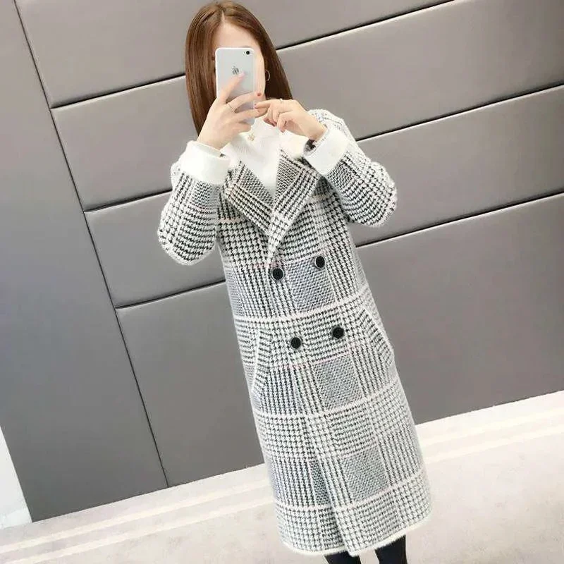 

Imitation Mink Velvet Coats Women Fleece Cardigan Mid-length Wool Blends Winter Jacket Lady Thick Loose Plaid Double-sided Coat