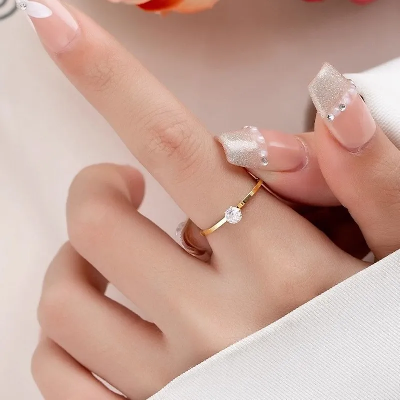 Stainless Steel Single CZ Ring Simple 1mm Thin Wedding Band For Women Girl Size 3-10
