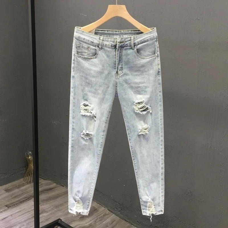 Men's Solid Color Ripped Jeans Casual Comfort Elastic Small Foot Pants