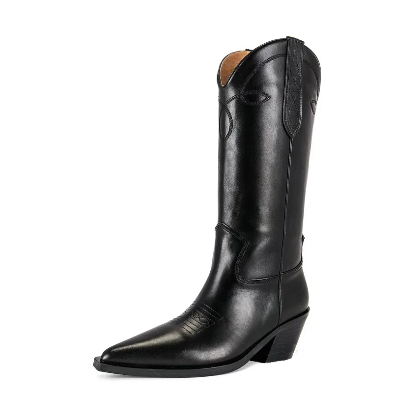 

plus size high heels embroidered black long boots women 2023 autumn winter soft leather knee high boots woman cowboy botas mujer