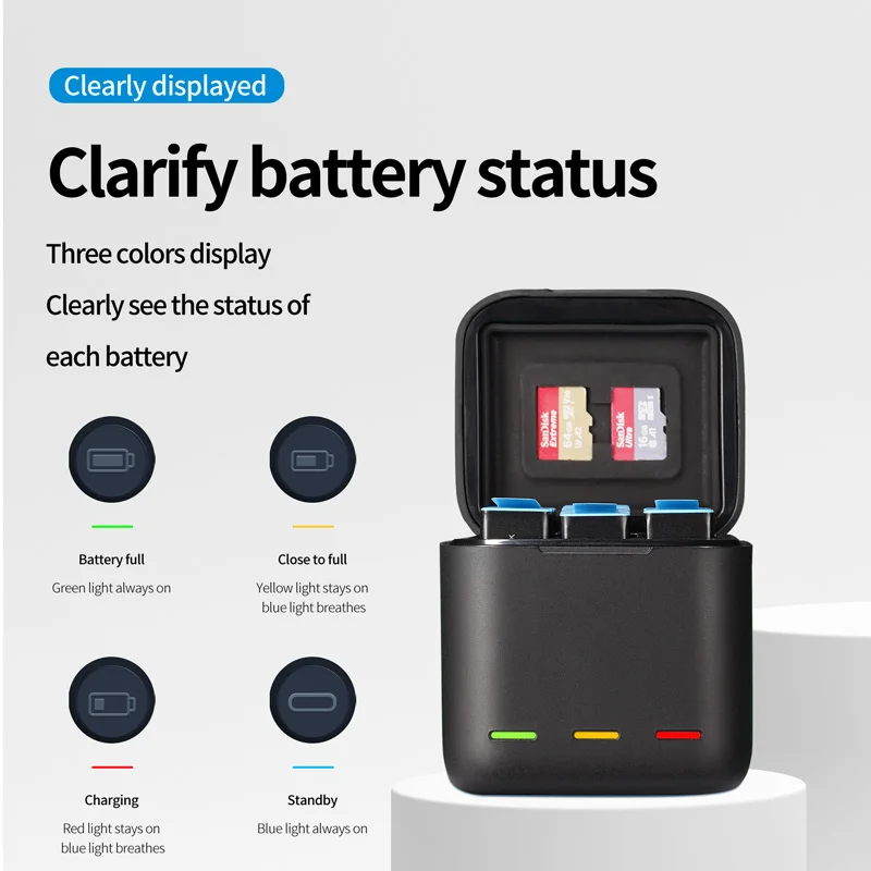GoPro 10 9 Battery Charger 3 Way Smart Charging Case Rechargeable 1750mAh Battery Storage Box For Go pro Hero 9 10 Accessories