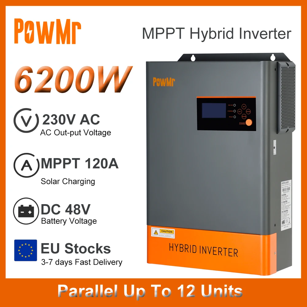 Parallel Hybrid Inverter 6.2KW 48V DC to 230V AC With 120A MPPT Solar Charge Max Solar Panel PV 6500W Fit for Lifepo4 EU Stock