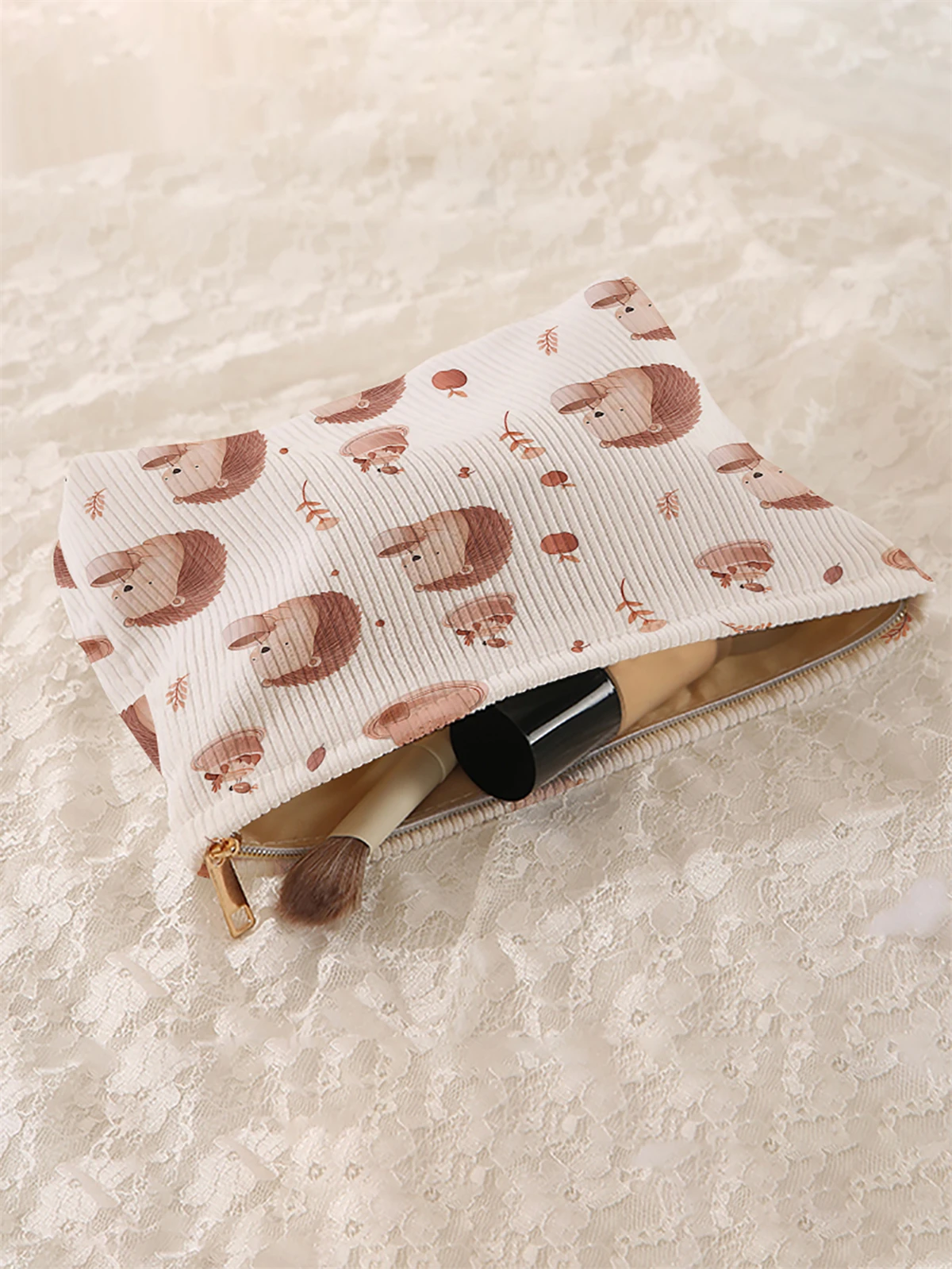 1 cartoon hedgehog pattern corduroy makeup bag, lightweight zipper makeup storage box, multifunctional bag with lining