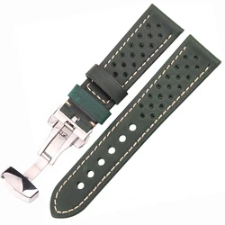 Premium Breathable Genuine Leather Watch Straps - Brown, Coffee, Black, Green Cowhide Bands - 24mm (Dark Green)
