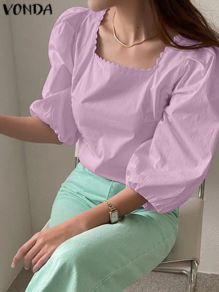 

2023 Summer Short Sleeve Shirts Fashion Blouse Women Elegant Shirts Sexy Round Neck Tops Femininas Casual Puff Sleeve OL Blusas