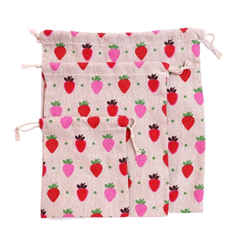 1PC Cotton Linen Fabric Pouch Drawstring Bag Cute Animal Plant Print Kids Travel Cloth Shoes Storage Bag Makeup Case Gift Bag 5