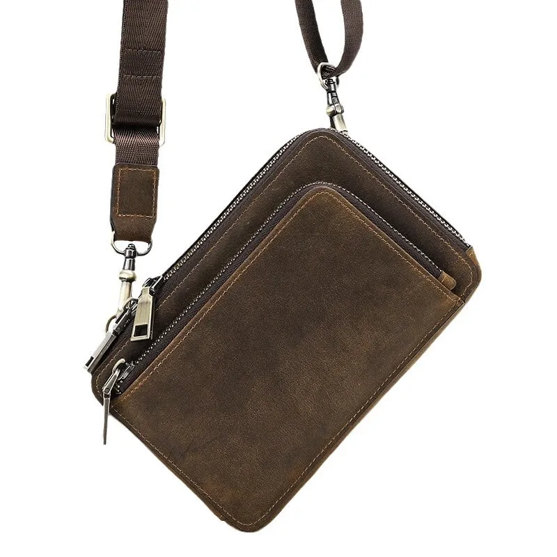 New Men's Mobile Phone Baotou Layer Genuine Leather Handbags Woman's Fashion Casuals Small Single Shoulder Crossbody Bags Female