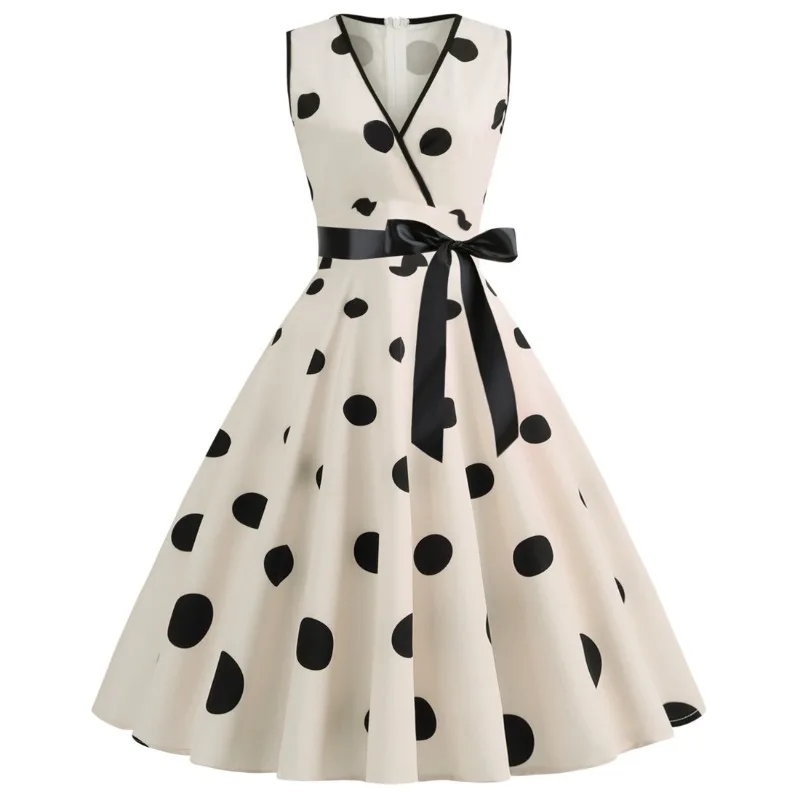 

Women's Vintage V-neck Sleeveless Polka Dot Lace Up Waist Up Evening Dress Retro Rock Ball Swing Dresses Midi Gown