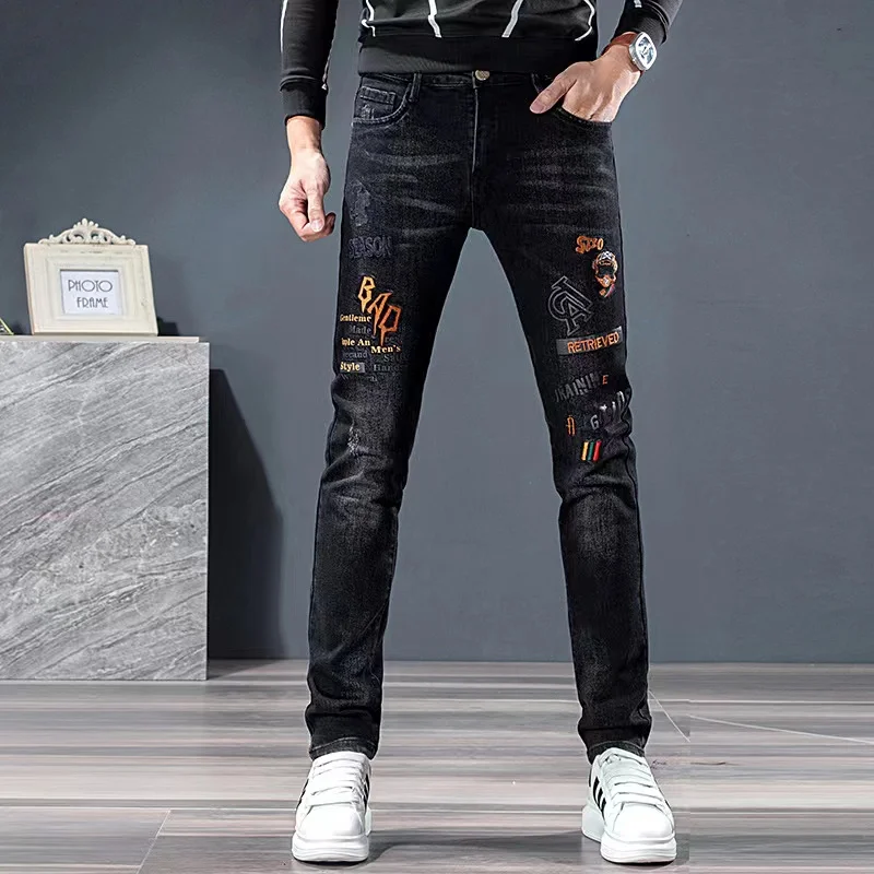 Summer Soft Jeans Men's Embroidered Micro Seal Splice High Street Retro Luxury Pants Slim Fit Scratched White Black Comfortable2