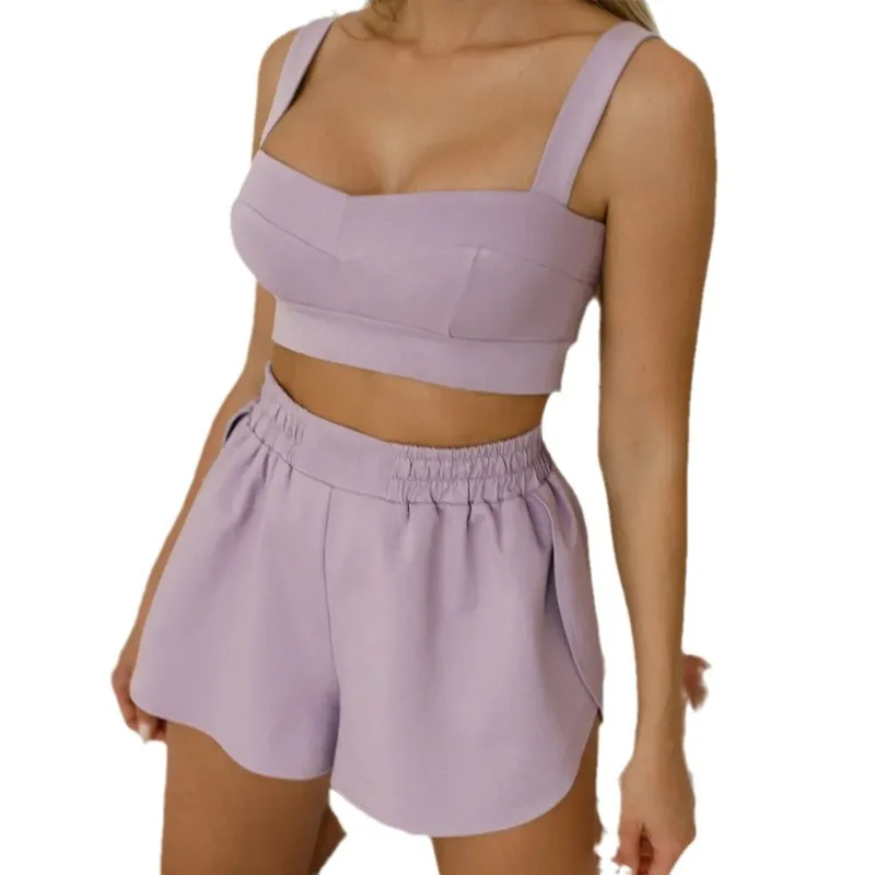 2024 Summer Leisure Ladies Suit Solid Color Halter Dew Waist Pajamas Outside Wear Home Wear Women's Two Pieces Set