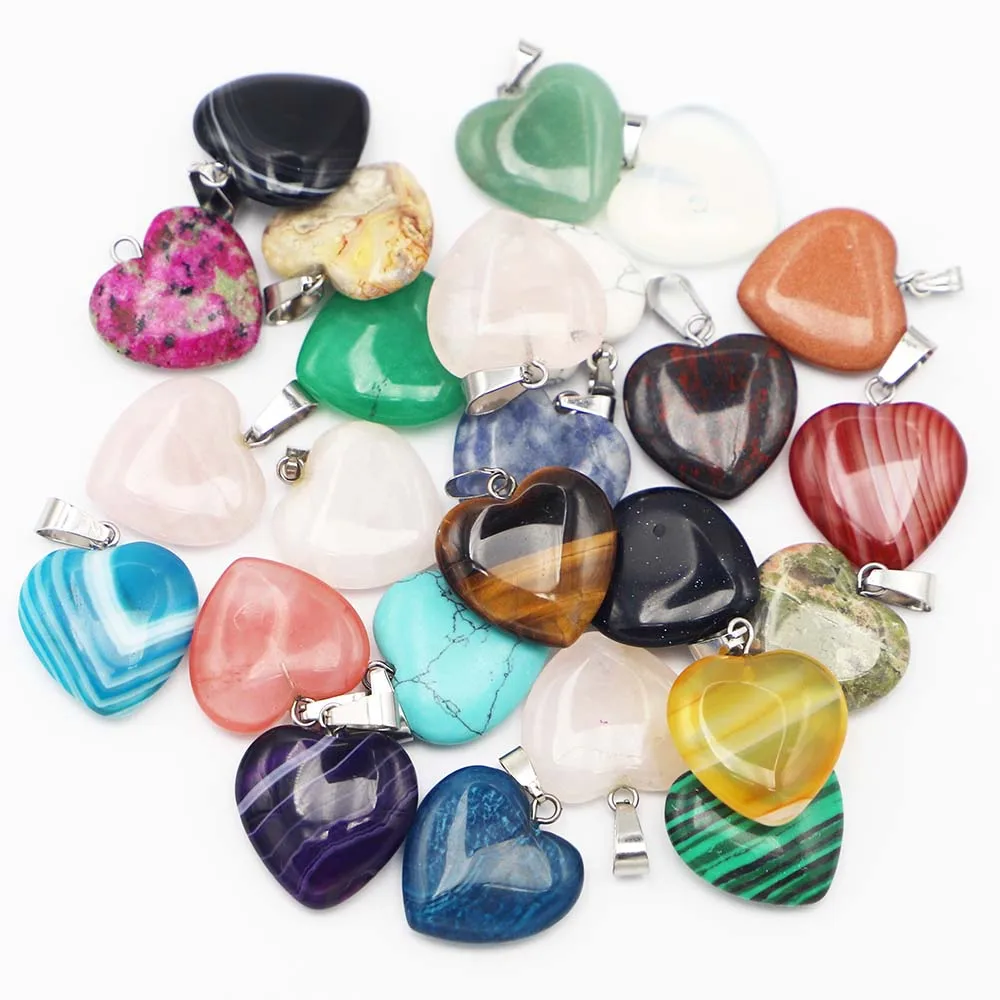 20MM Good Quality Assorted Natural Stone Heart Pendants Charms Jewelry Accessories Making Necklace Earrings 30Pcs Free Shipping