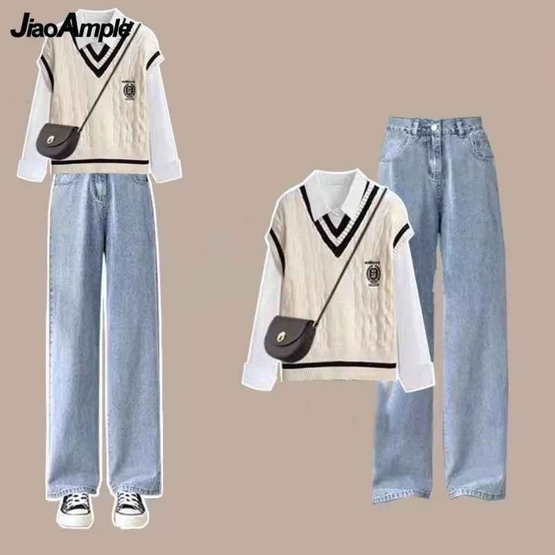 Women's 2024 Spring New Fashion Long Sleeve Shirt+Knitted Vest+Casual Pants Three Piece Korean Elegant Trousers Matching Set