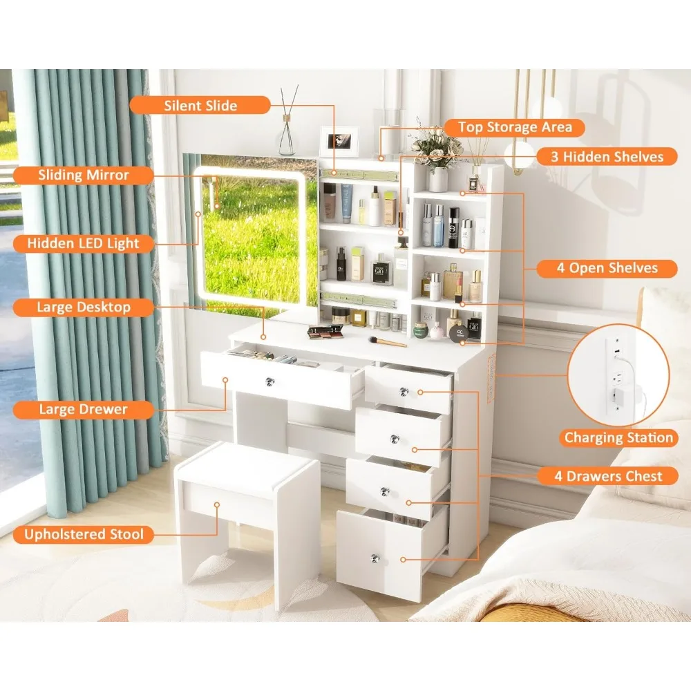 Vanity Desk Sliding Mirror and LED Lights & Charging Station, 35.4" White Vanity Table Set 5 Drawers & 7 Shelves,3 Light Modes