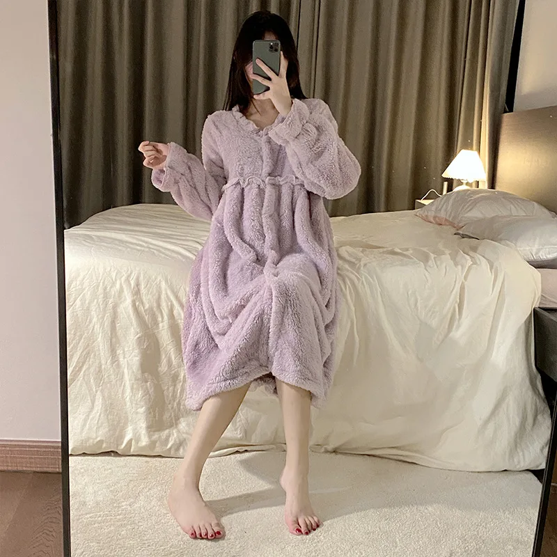 Winter Flannel Nightgowns Fleece Long Sleeve Warm Nightdress Autumn Thermal Thicken Korean Sleepshirt Pajamas Home Dressing Gown