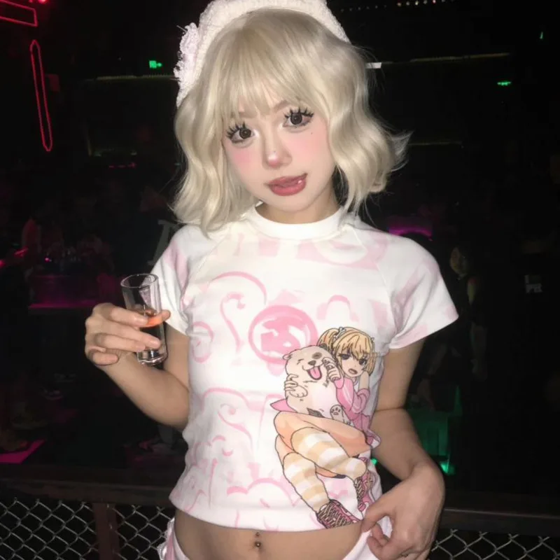 

Новые милые облегающие кроп-топы с аниме Y2k для девушек, футболка в японском стиле Харадзюку, женские эстетические комиксные короткие футболки, женская одежда