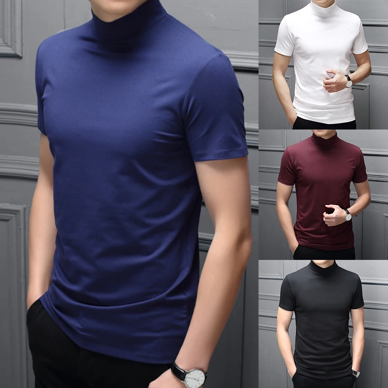 Fashion Men's Slim Body T-Shirt Short Sleeve Basic Turtleneck Half High Collar Pullover Thin Top Basic Bottoming T Shirt For Men