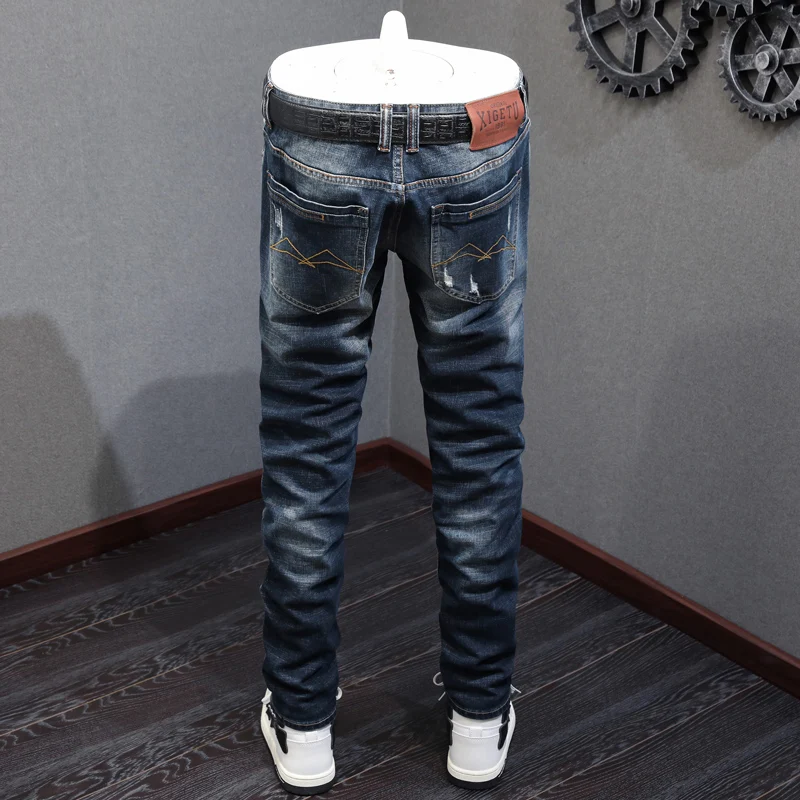 Fashion Designer Men Jeans Retro Black Blue High Quality Elastic Slim Fit Patched Ripped Jeans Men Vintage Denim Pants Hombre