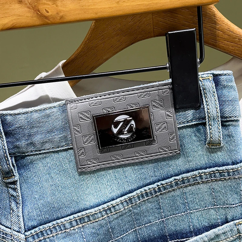 High-end street gangster handsome men's jeans splicing patch Slim small straight leg pants heavy personalized embroidery pants