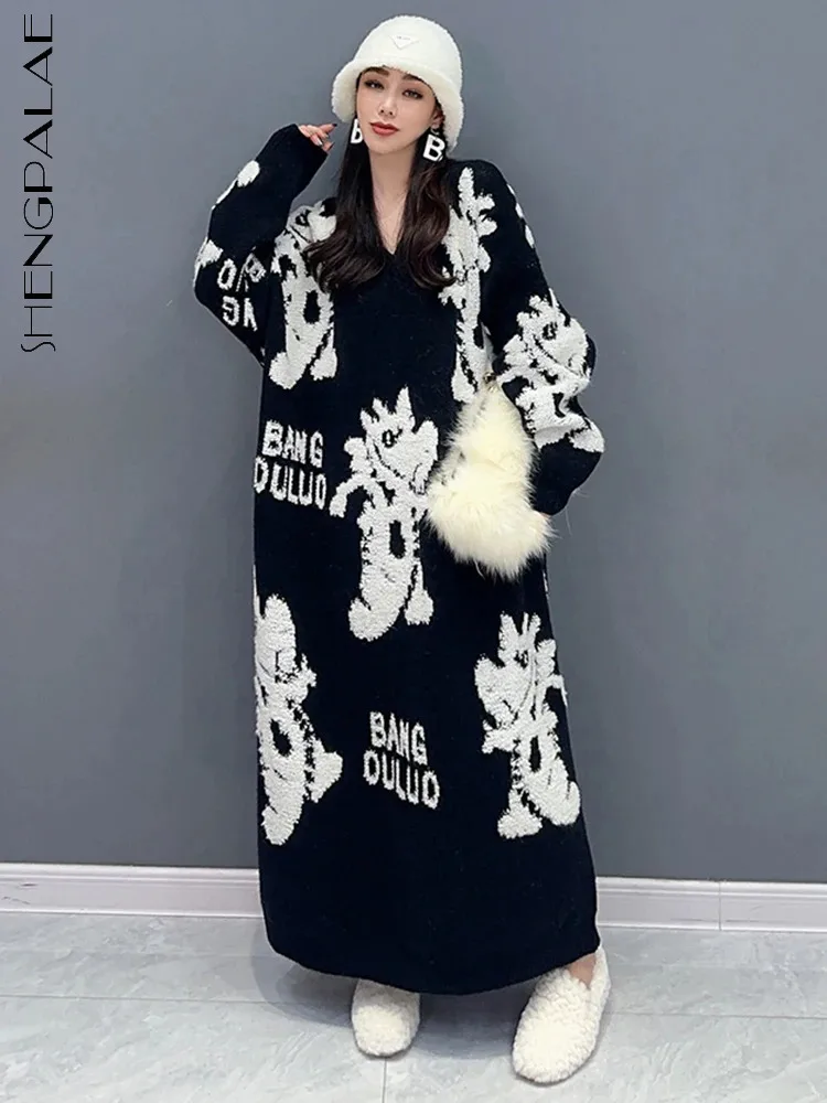 

SHENGPALAE Fashion Women's Sweater Dress Printed Contrast Color V-neck Full Sleeve Loose Knitting Vestido Spring 2024 New 5R9048