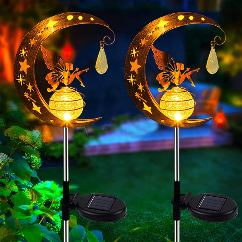 NEW Solar Flower Fairy Moon Lamp LED Outdoor Waterproof Garden Decor Solar Lights Iron Hollow Landscape Lawn Lights