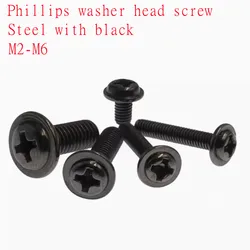Black Cross Phillips Pan Head Screws with Washer for PC Case and Motherboard Mounting