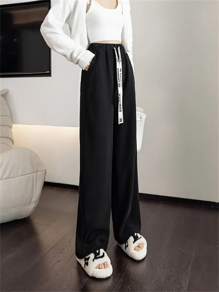 capri clothing 2022 Winter Cotton Plus Velvet Warm Pant Women Fashion Print Drawstring Waist Wide Leg Pants High Waist Long Trousers JD2289 capri trousers Pants & Capris