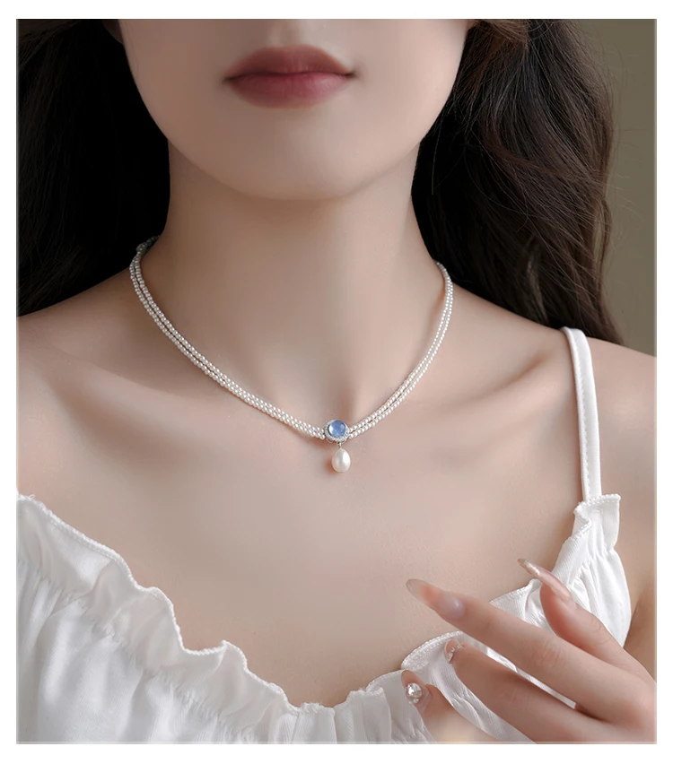 Natural Aquamarine Pearl Necklace For Women 2024 New Clavicle Double Layer Chain Pendant Jewelry Gift