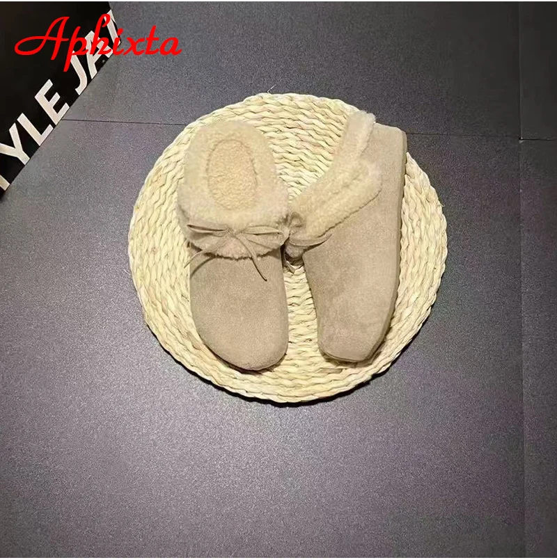 Aphixta Fashion Upper Bowknot 3cm Flat With Half Slippers Women Leopard Platform Warm Cotton Round Toe Slip On Lady Shoes
