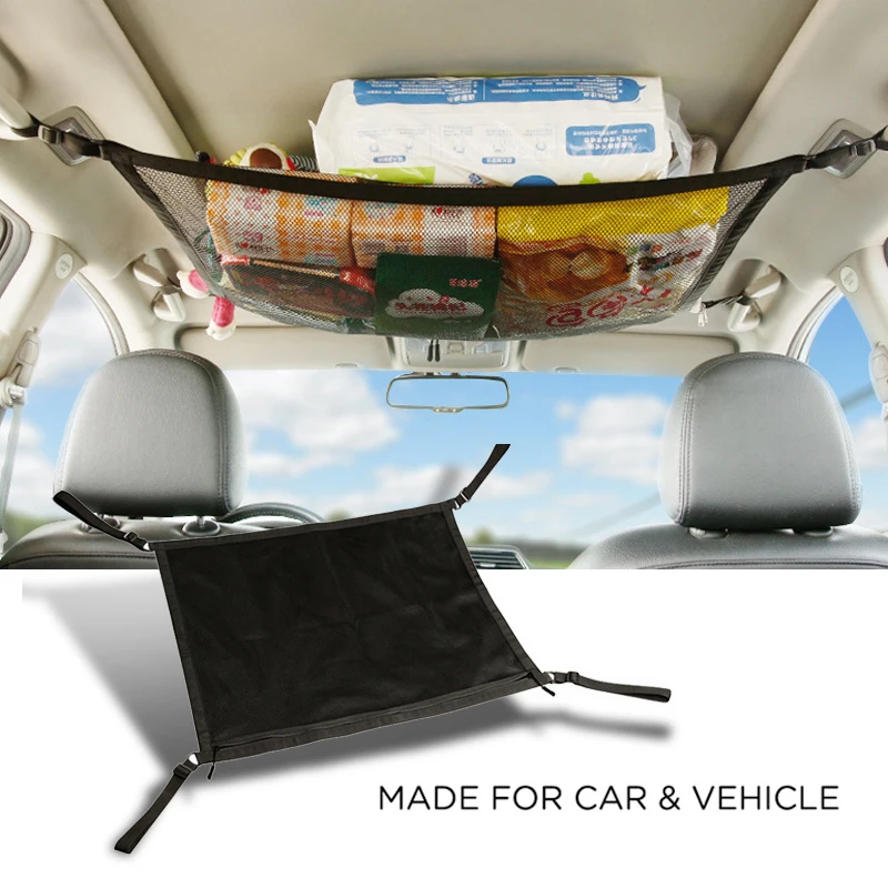 

Universal Interior Car Ceiling Roof Storage Net Bag Zipper Mesh Sundries Pocket Travel Cargo Organizer Adjustable for Van SUV